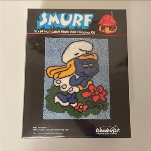 Vintage Smurf latch hook wall hanging rug kit of smurfette by wonderart 4962 htf